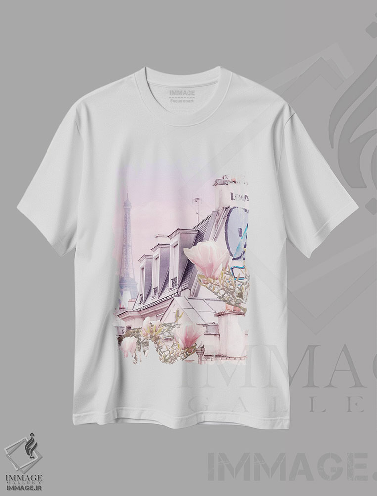 تیشرت طرح دار پاریس با برج ایفل و مگنولیاهایش، مدیوم اثر بلی | فروشگاه ایماژ
