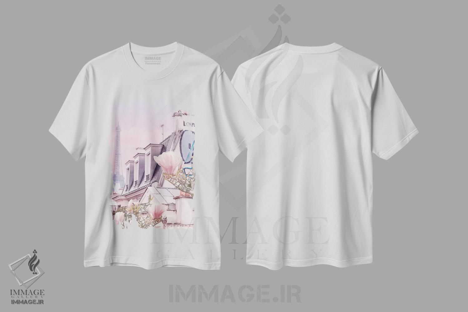 تیشرت طرح دار پاریس با برج ایفل و مگنولیاهایش، مدیوم اثر بلی | فروشگاه ایماژ