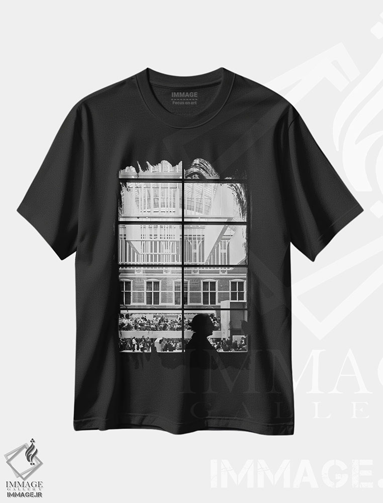 تیشرت طرح دار پنجرهٔ آمستردام، عکاسی سیاه و سفید اثر بلی | فروشگاه ایماژ