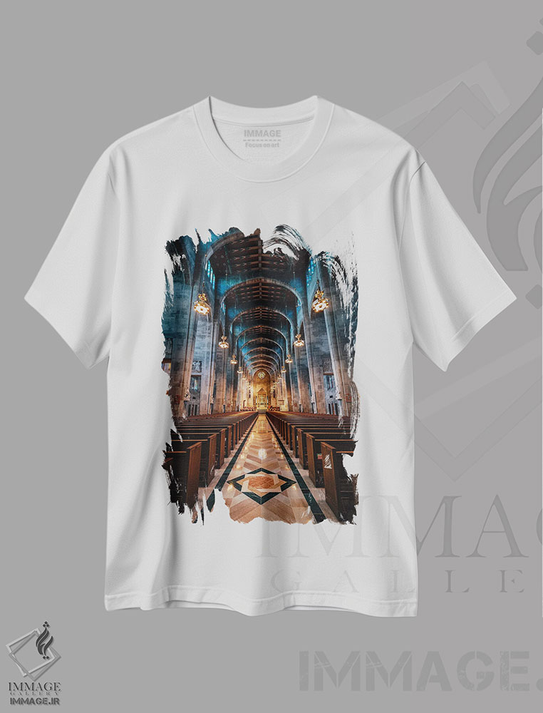 تیشرت طرح دار کلیسای مریم ملکه ما، دکوراسیون جایگزین اثر جان بیلوس | فروشگاه ایماژ