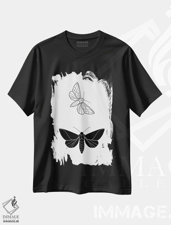 تیشرت طرح دار پروانه ها، هنر تزئینی سیاه و سفید اثر بلک پرینتس | فروشگاه ایماژ