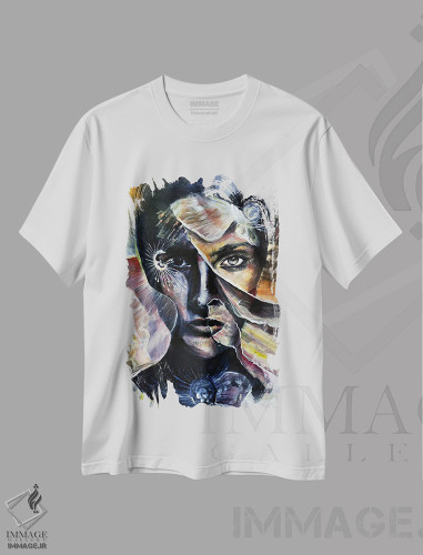 تیشرت طرح دار زن با گلبرگ ها، هنر فاخر معاصر اثر بلول آرت | فروشگاه ایماژ