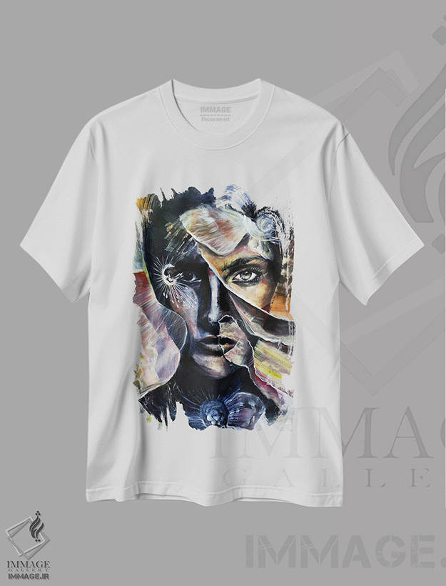 تیشرت طرح دار زن با گلبرگ ها، هنر فاخر معاصر اثر بلول آرت | فروشگاه ایماژ