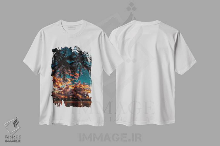 تیشرت طرح دار غروب با نخل ها، مدیوم اثر بن مولدر | immage.ir