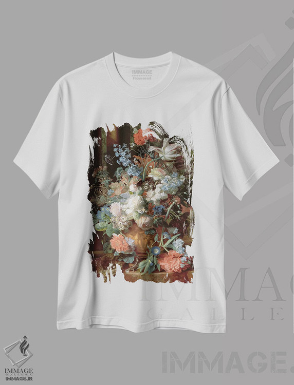 تیشرت طرح دار دسته گل در چشم انداز طبیعی، هنر فاخر کلاسیک اثر یان فان هویسوم | immage.ir