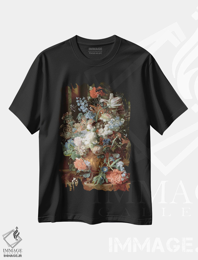 تیشرت طرح دار دسته گل در چشم انداز طبیعی، هنر فاخر کلاسیک اثر یان فان هویسوم | فروشگاه ایماژ