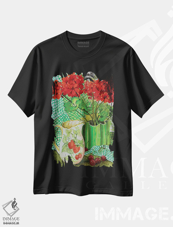 تیشرت طرح دار شمعدانی قرمز با پارچ توت فرنگی و گیلاس ها، هنر فاخر کلاسیک اثر ژوان توسی | فروشگاه ایماژ