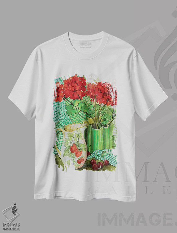تیشرت طرح دار شمعدانی قرمز با پارچ توت فرنگی و گیلاس ها، هنر فاخر کلاسیک اثر ژوان توسی | immage.ir