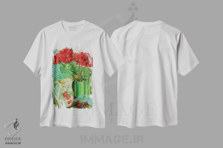 تیشرت طرح دار شمعدانی قرمز با پارچ توت فرنگی و گیلاس ها، هنر فاخر کلاسیک اثر ژوان توسی | immage.ir