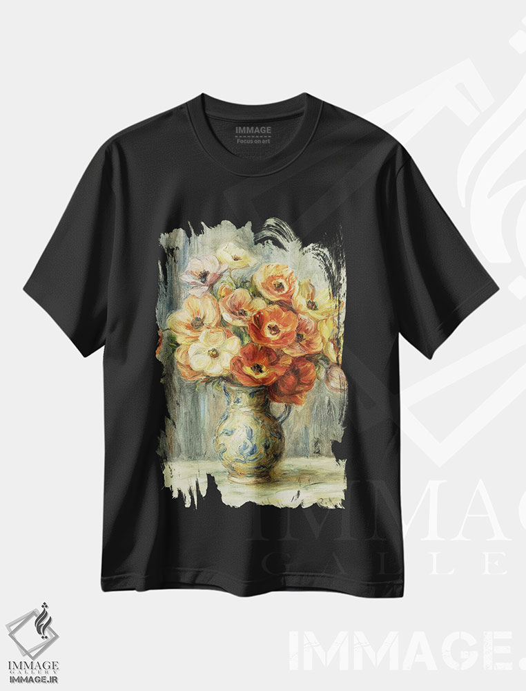 تیشرت طرح دار گلدان گل شقایق، هنر فاخر کلاسیک اثر پیر-اوگوست رنوار | فروشگاه ایماژ