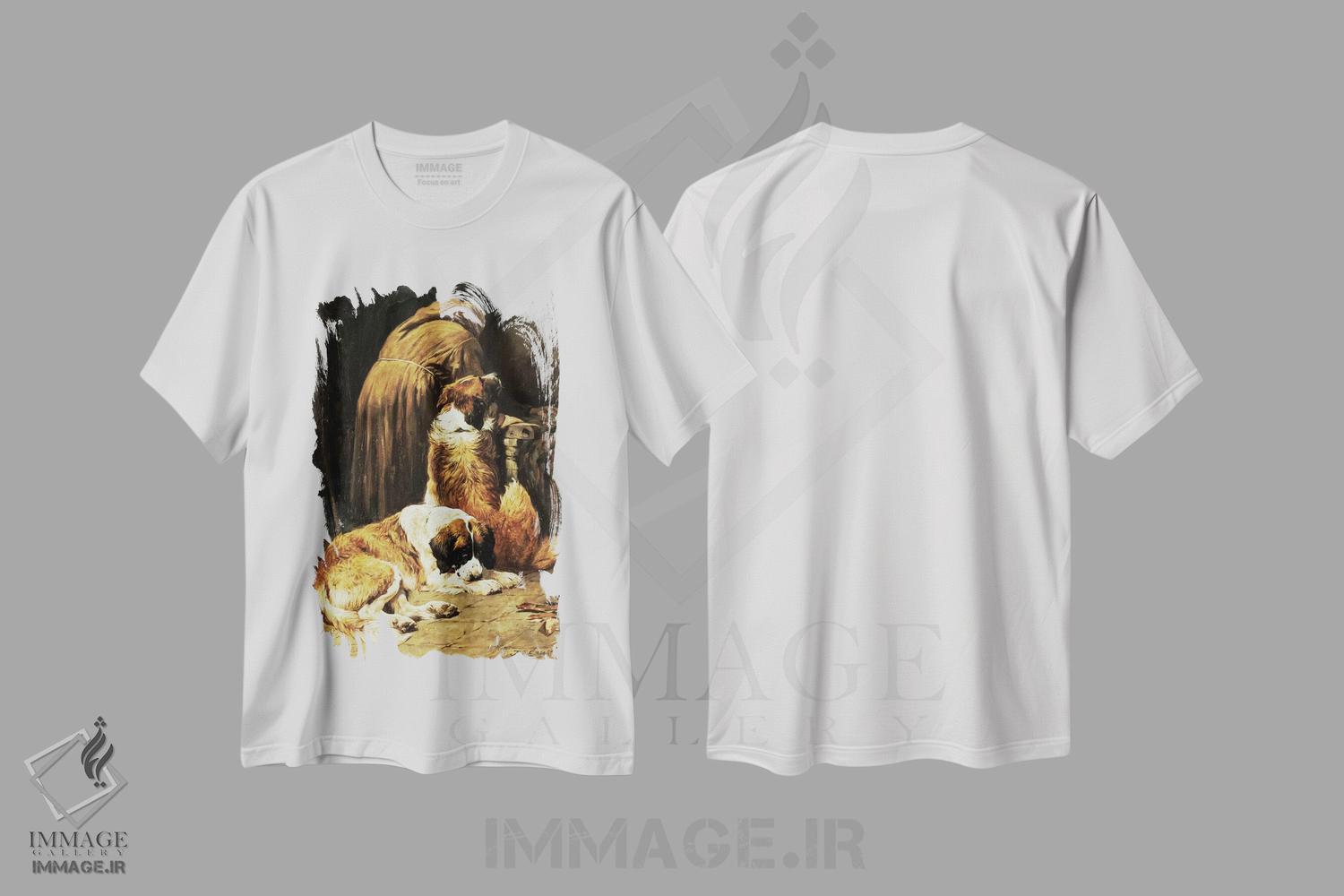 تیشرت طرح دار ایمان سنت برنارد، هنر فاخر کلاسیک اثر جان امس | فروشگاه ایماژ