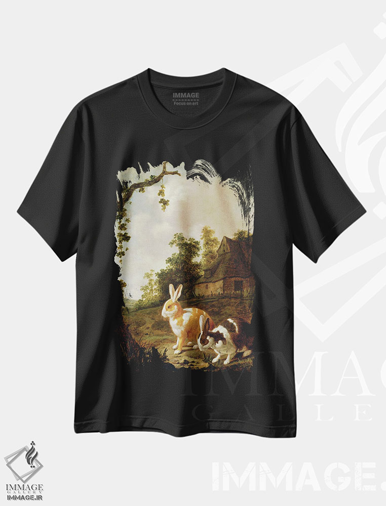 تیشرت طرح دار منظرهٔ جنگلی با دو خرگوش، هنر فاخر کلاسیک اثر دیرک وینتراک | فروشگاه ایماژ