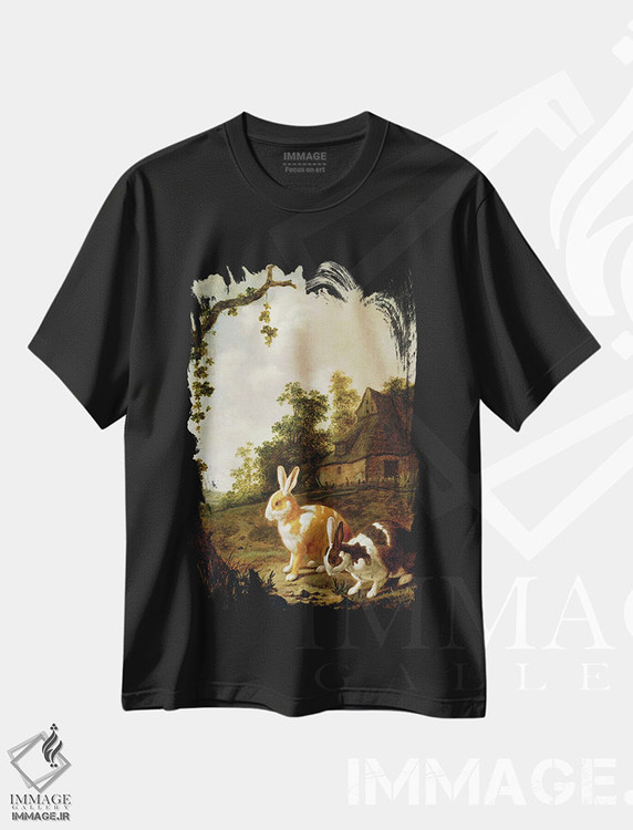 تیشرت طرح دار منظرهٔ جنگلی با دو خرگوش، هنر فاخر کلاسیک اثر دیرک وینتراک | فروشگاه ایماژ