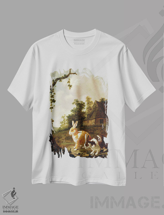 تیشرت طرح دار منظرهٔ جنگلی با دو خرگوش، هنر فاخر کلاسیک اثر دیرک وینتراک | immage.ir