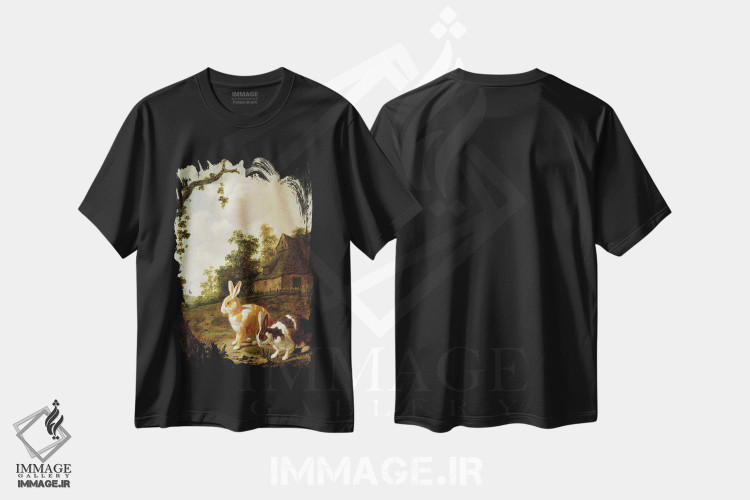 تیشرت طرح دار منظرهٔ جنگلی با دو خرگوش، هنر فاخر کلاسیک اثر دیرک وینتراک | فروشگاه ایماژ