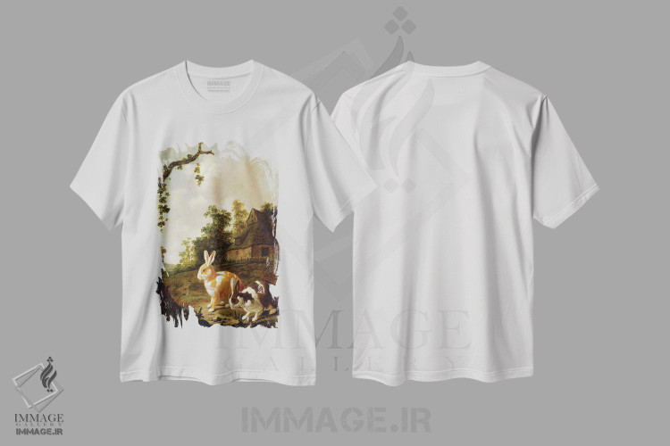تیشرت طرح دار منظرهٔ جنگلی با دو خرگوش، هنر فاخر کلاسیک اثر دیرک وینتراک | immage.ir