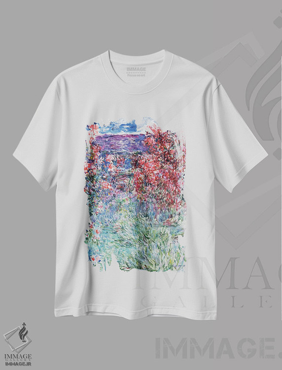 تیشرت طرح دار خانه ای در ژیورنی زیر گل های رز، ۱۹۲۵، هنر فاخر کلاسیک اثر کلود مونه | فروشگاه ایماژ