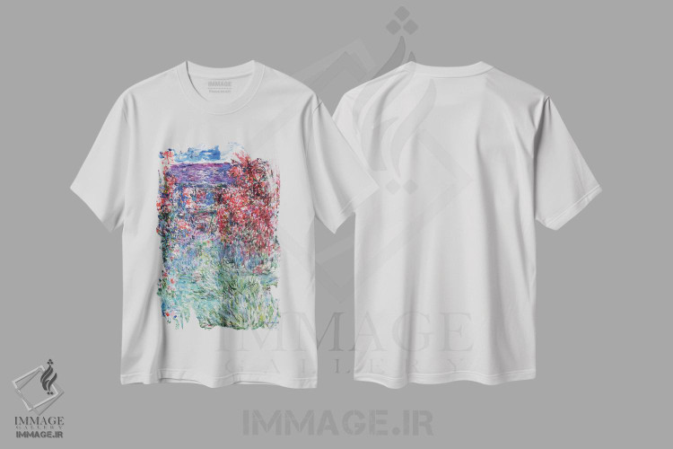 تیشرت طرح دار خانه ای در ژیورنی زیر گل های رز، ۱۹۲۵، هنر فاخر کلاسیک اثر کلود مونه | فروشگاه ایماژ