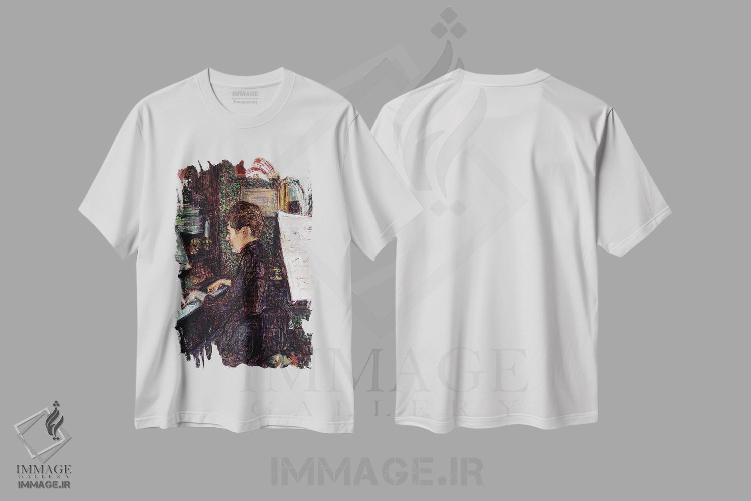 تیشرت طرح دار 1890,خانم دیهو کنار پیانو، ۱۸۹۰، هنر فاخر کلاسیک اثر آنری دو تولوز-لوترک | فروشگاه ایماژ