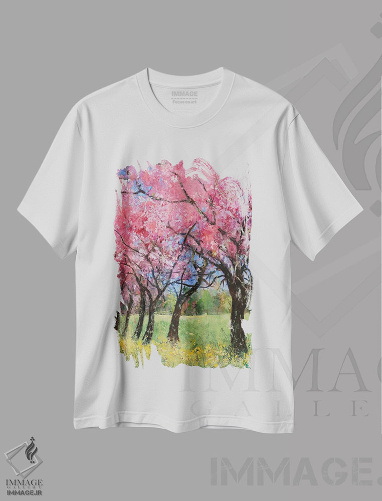 تیشرت طرح دار 2022,شکوفهٔ گیلاس در چمنزار، ۲۰۲۲، آبستره اثر آن اورام | فروشگاه ایماژ