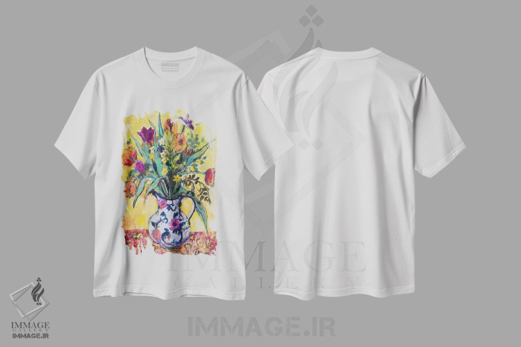 تیشرت طرح دار کوزهٔ گل های بهاری روی زمینهٔ زرد، دکور معاصر اثر آن اورام | immage.ir