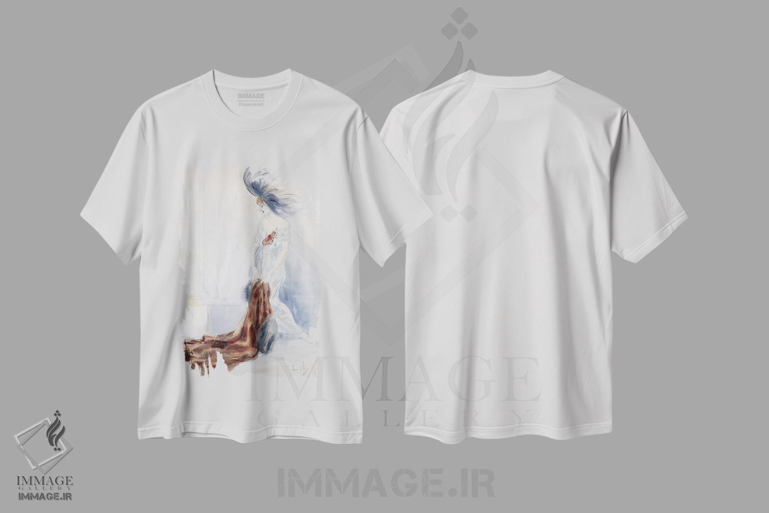 تیشرت طرح دار بانوی شیک با کلاه پر دار و پالتوی خز، آرت دکو اثر لوئیس ایکارت | فروشگاه ایماژ