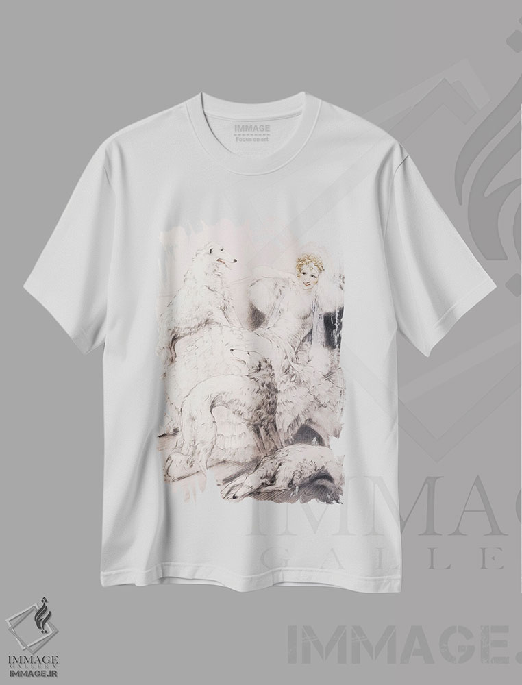 تیشرت طرح دار دختر با سگ بورزوی همراه، آرت دکو اثر لوئیس ایکارت | فروشگاه ایماژ