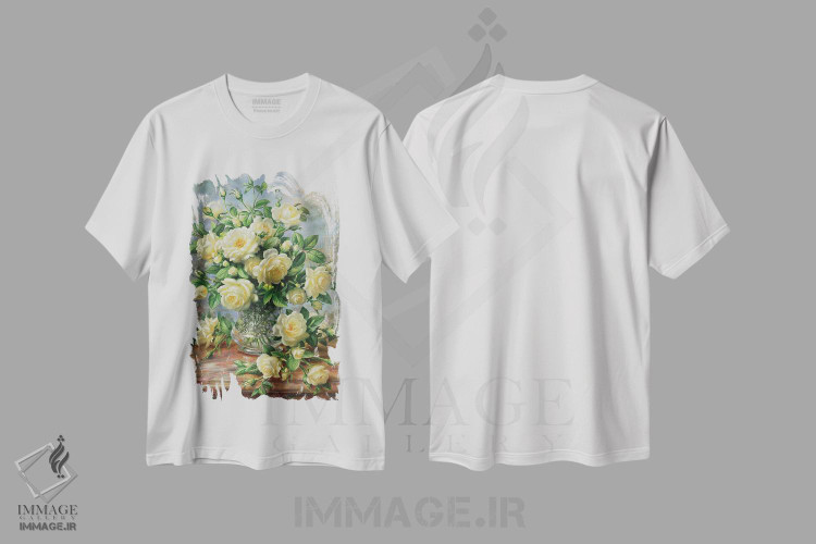 تیشرت طرح دار گل های رز پرنسس دایانا در گلدان شیشه ای تراش خورده، تزئینی اثر آلبرت ویلیامز | immage.ir