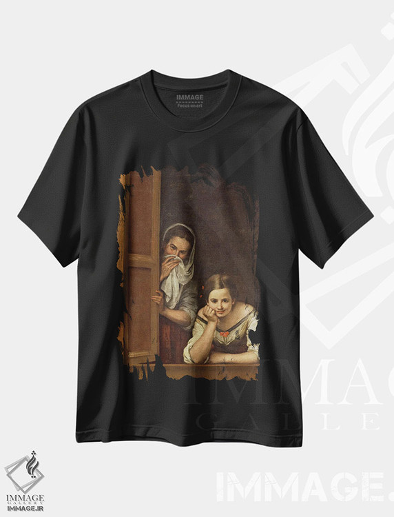 تیشرت طرح دار زنان گالیسیا کنار پنجره، هنر فاخر کلاسیک اثر بارتولومه استبان موریو | فروشگاه ایماژ