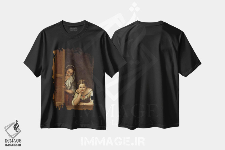 تیشرت طرح دار زنان گالیسیا کنار پنجره، هنر فاخر کلاسیک اثر بارتولومه استبان موریو | فروشگاه ایماژ