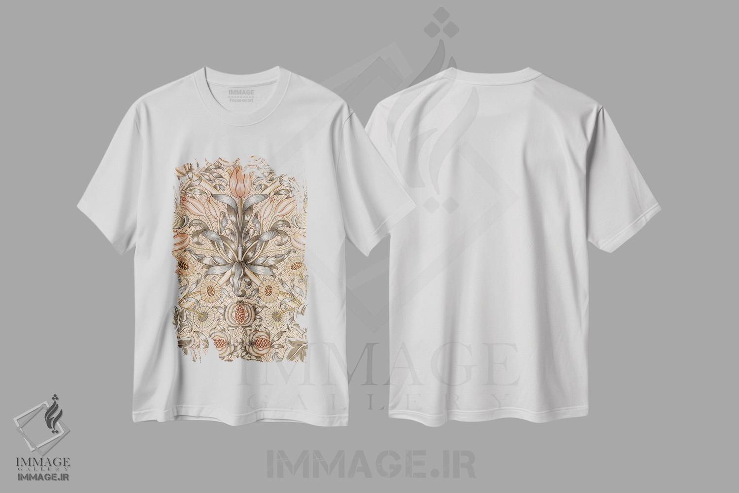 تیشرت طرح دار طرح کاغذدیواری سوسن و انار، تزئینی اثر ویلیام موریس | immage.ir