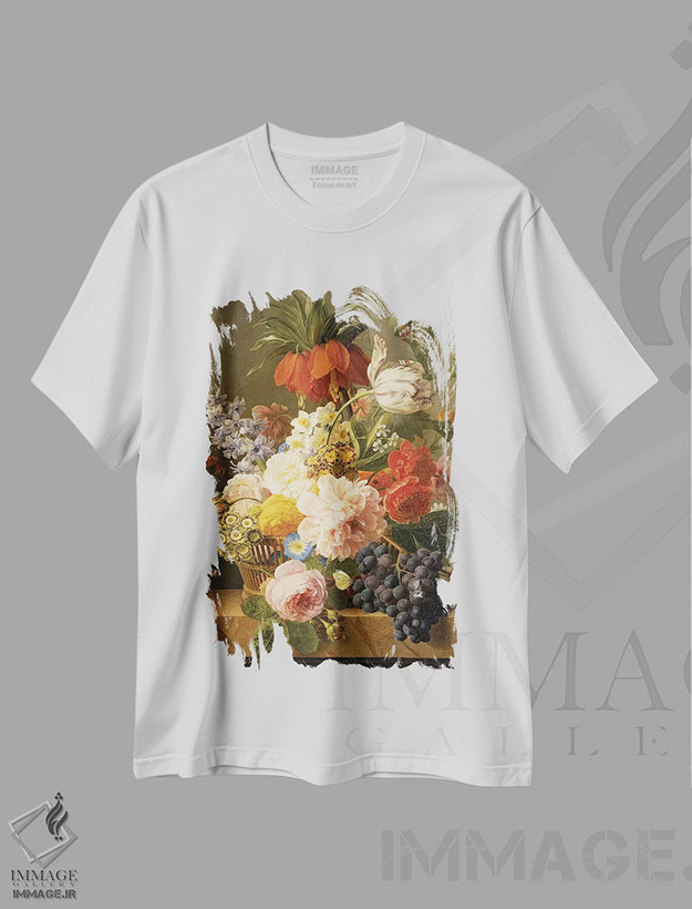 تیشرت طرح دار طبیعت بی جان با گل و میوه، ۱۸۲۷، هنر فاخر کلاسیک اثر یان فرانس فان دائل | فروشگاه ایماژ