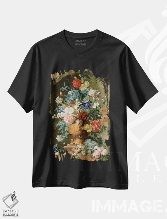 تیشرت طرح دار گل ها در گلدان سفالی، ۱۷۳۶، هنر فاخر کلاسیک اثر یان فان هویسوم | فروشگاه ایماژ