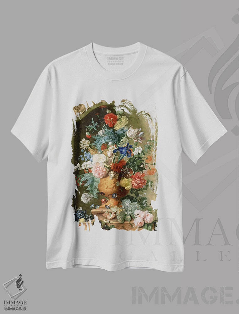 تیشرت طرح دار گل ها در گلدان سفالی، ۱۷۳۶، هنر فاخر کلاسیک اثر یان فان هویسوم | immage.ir