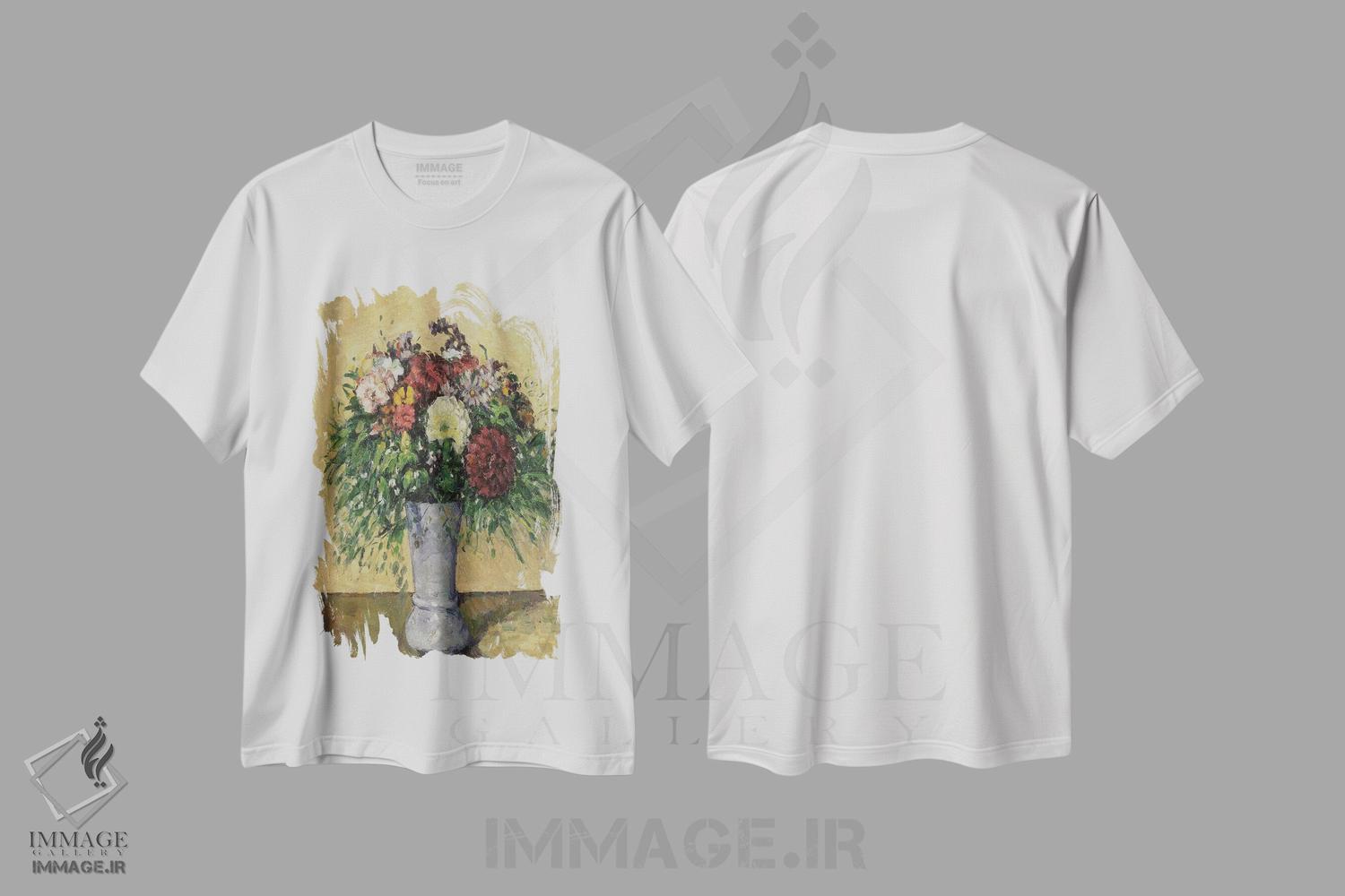 تیشرت طرح دار دسته گلی از گل ها در گلدان، حدود ۱۸۷۷، هنر فاخر کلاسیک اثر پل سزان | فروشگاه ایماژ