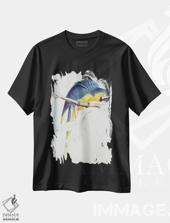 تیشرت طرح دار طوطی ماکائوی آبی و زرد، هنر فاخر کلاسیک اثر ادوارد لیر | فروشگاه ایماژ