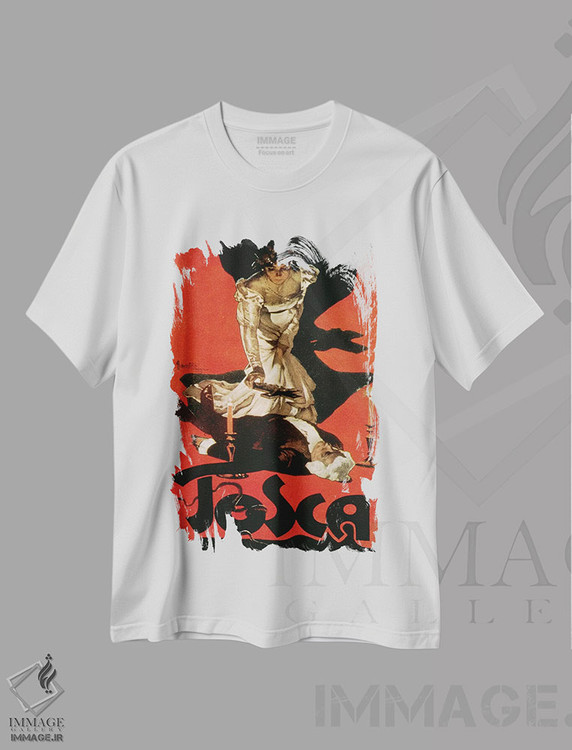 تیشرت طرح دار پوستر تبلیغاتی اجرای اُپِرای توسکا، ۱۸۹۹، آرت نوو اثر آدولفو هوهنشتاین | immage.ir