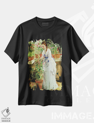 تیشرت طرح دار بانوی جوان در گلخانه، هنر فاخر کلاسیک اثر جین ماریا بوکت | فروشگاه ایماژ