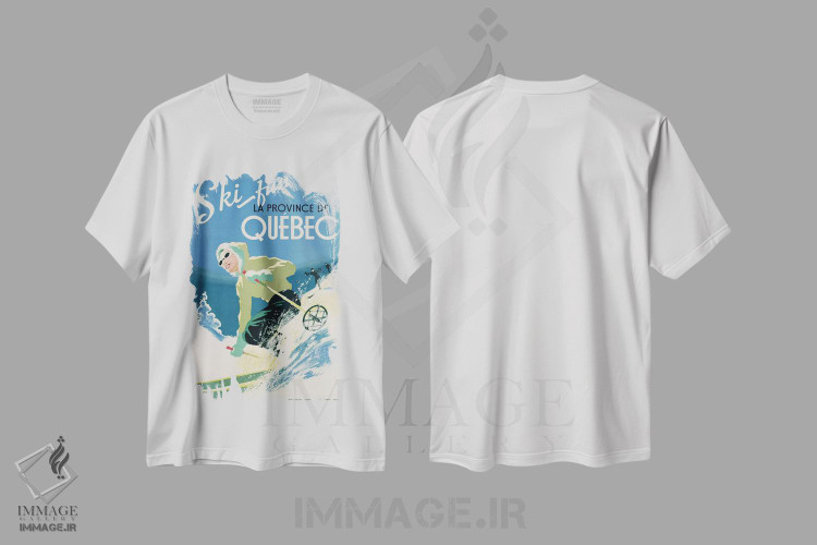 تیشرت طرح دار پوستر تبلیغاتی تعطیلات اسکی در استان کبک، حدود ۱۹۳۸ اثر مکتب کانادایی | immage.ir