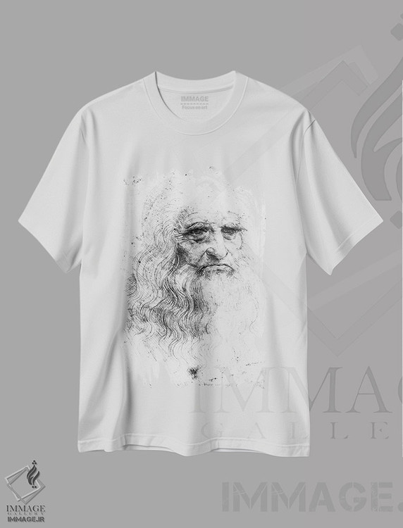 تیشرت طرح دار چاپ سنگی، خودنگاره، حدود ۱۵۱۵-۱۶، هنر فاخر کلاسیک اثر لئوناردو داوینچی | فروشگاه ایماژ