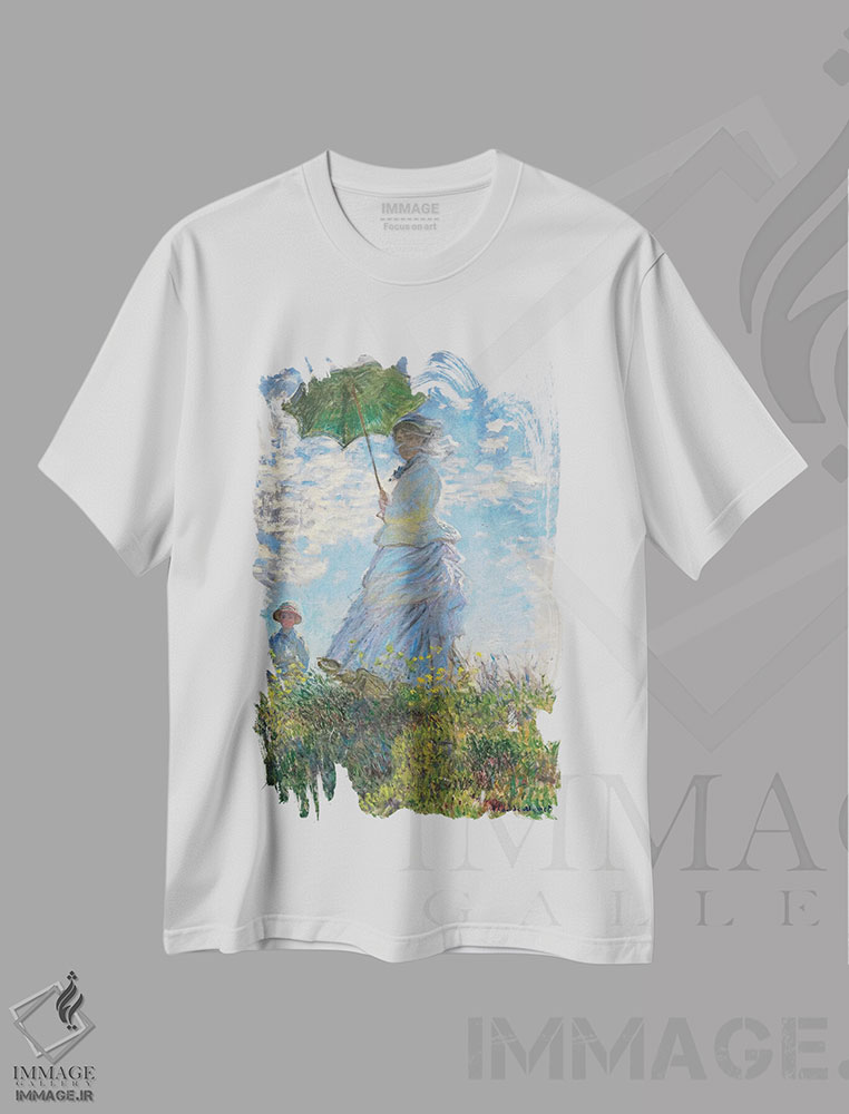 تیشرت طرح دار زن با چتر آفتابی، هنر فاخر کلاسیک اثر کلود مونه | immage.ir