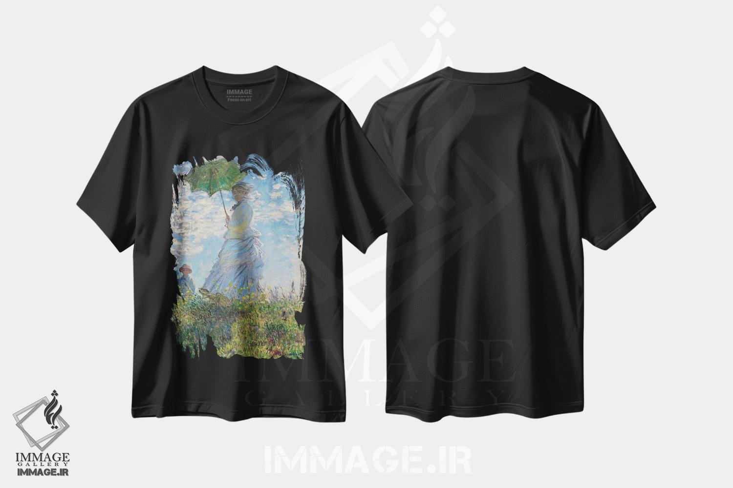 تیشرت طرح دار زن با چتر آفتابی، هنر فاخر کلاسیک اثر کلود مونه | فروشگاه ایماژ