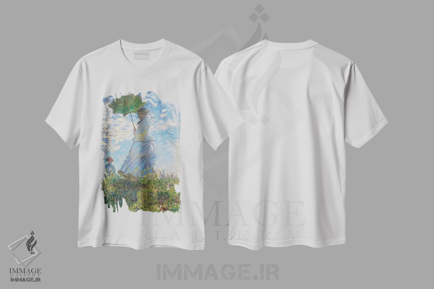تیشرت طرح دار زن با چتر آفتابی، هنر فاخر کلاسیک اثر کلود مونه | immage.ir