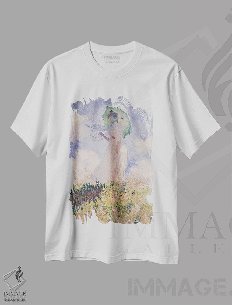 تیشرت طرح دار 1886,زن با چتر آفتابی، چرخیده به سمت چپ، ۱۸۸۶، هنر فاخر کلاسیک اثر کلود مونه | فروشگاه ایماژ