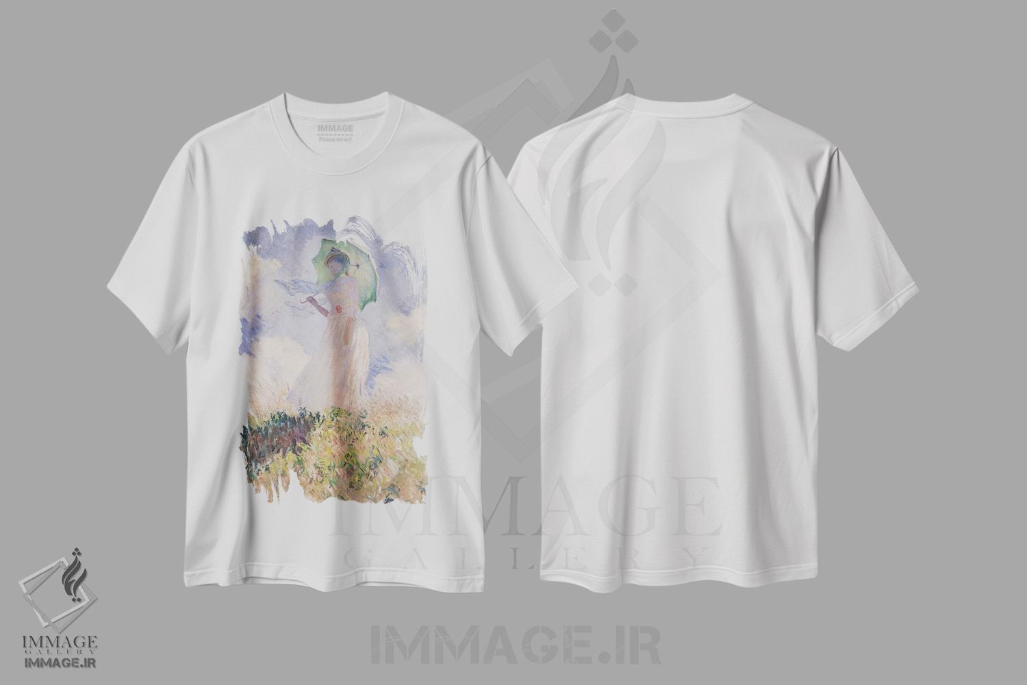 تیشرت طرح دار 1886,زن با چتر آفتابی، چرخیده به سمت چپ، ۱۸۸۶، هنر فاخر کلاسیک اثر کلود مونه | فروشگاه ایماژ