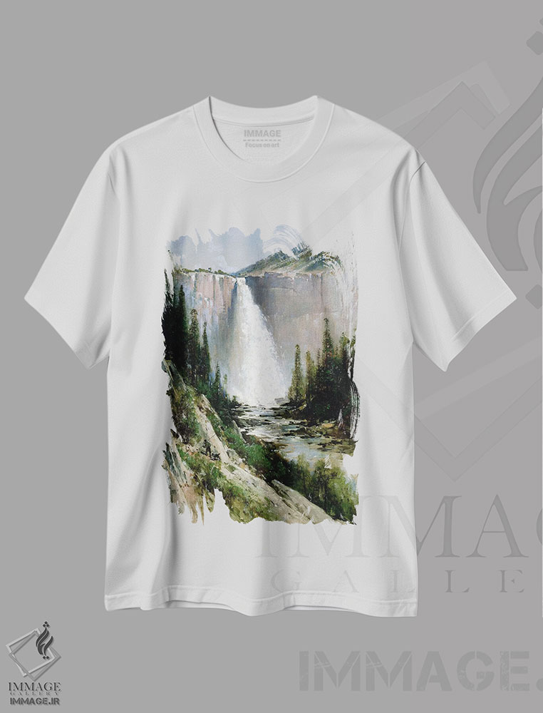 تیشرت طرح دار Yosemite,آبشار پرده عروس، یوسمیتی، هنر فاخر کلاسیک اثر توماس هیل | فروشگاه ایماژ