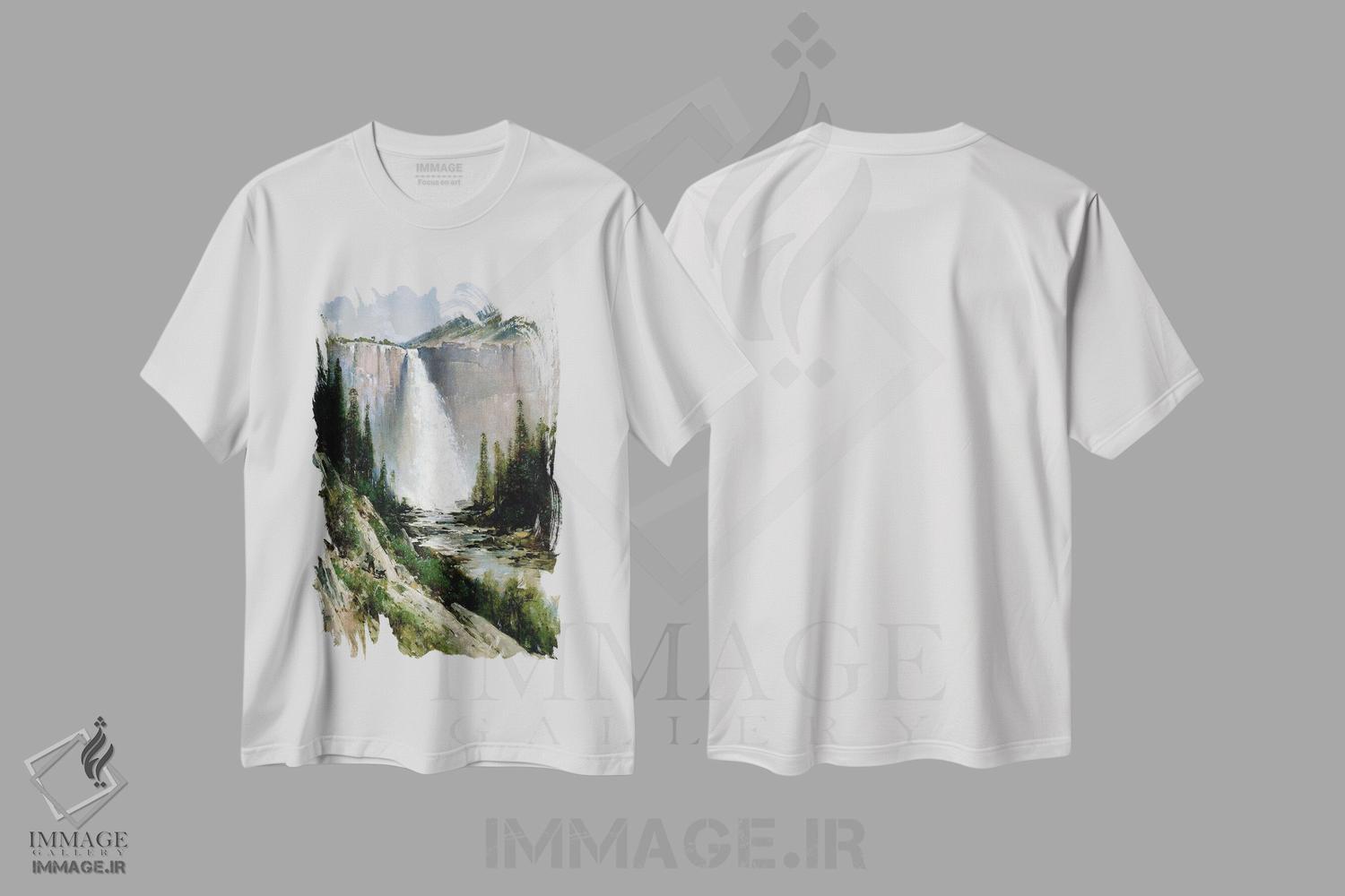 تیشرت طرح دار Yosemite,آبشار پرده عروس، یوسمیتی، هنر فاخر کلاسیک اثر توماس هیل | فروشگاه ایماژ
