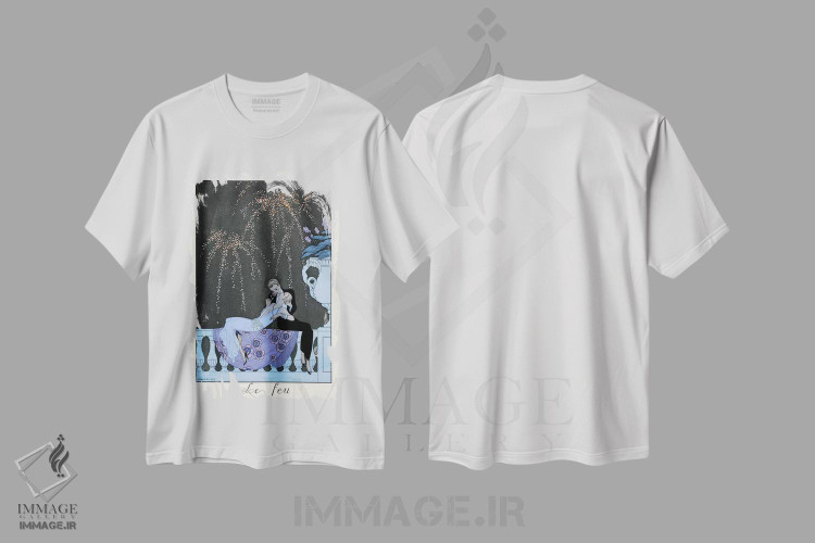 تیشرت طرح دار آتش، از "فالبالا و فانفرلوش، سالنامهٔ مد زمان"، آرت دکو اثر جورج باربیه | فروشگاه ایماژ