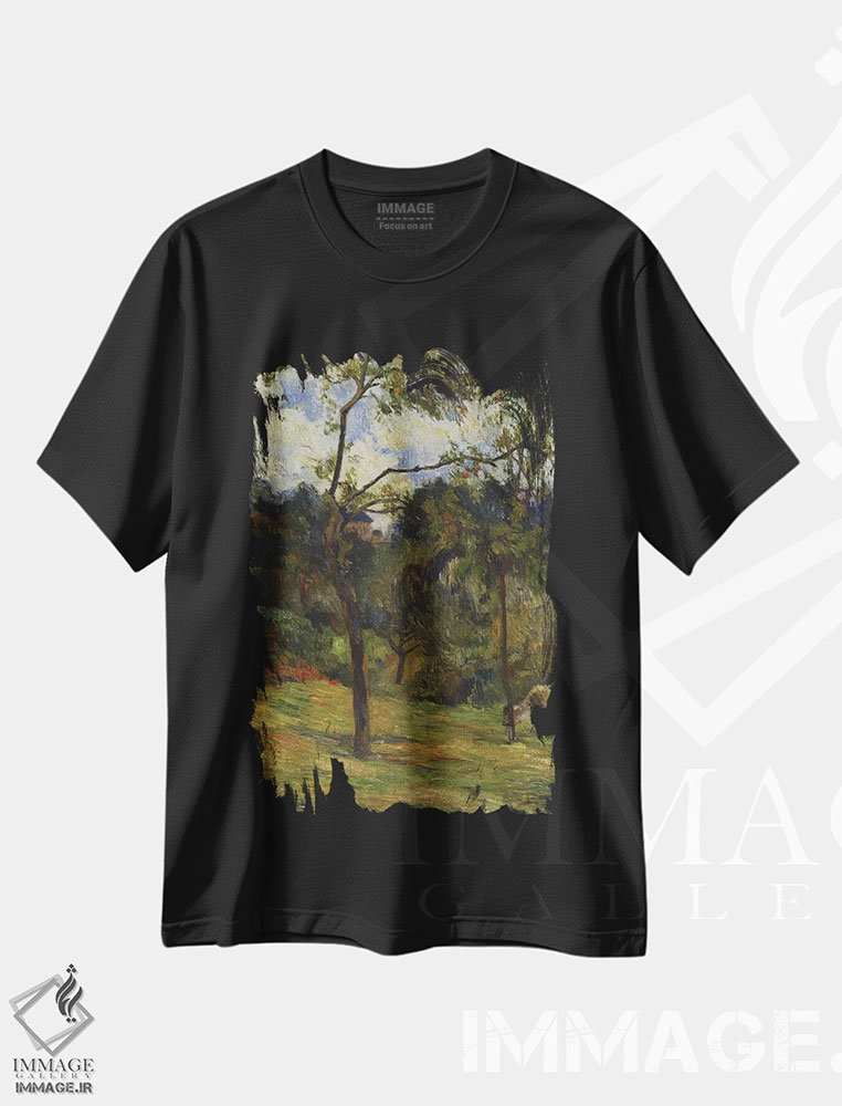 تیشرت طرح دار منظرهٔ نرماندی: گاو در علفزار، ۱۸۸۴، هنر فاخر کلاسیک اثر پل گوگن | immage.ir