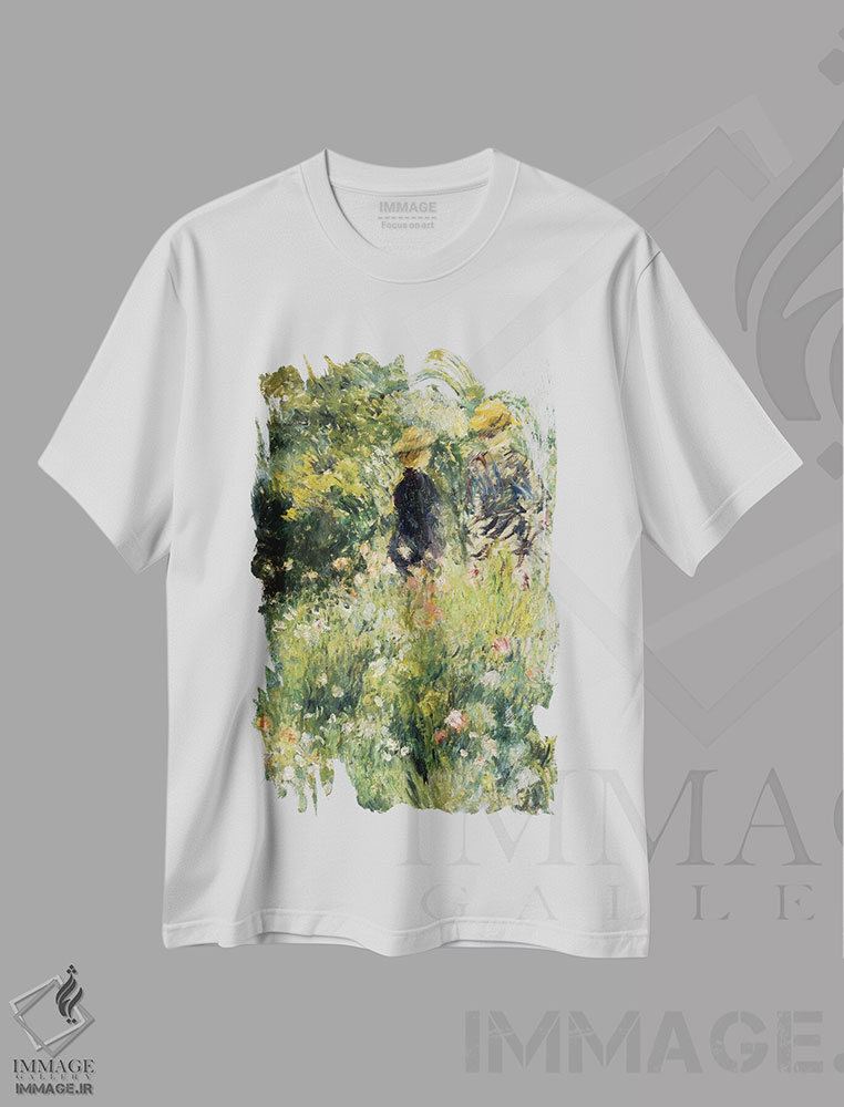 تیشرت طرح دار گفتگو در باغ رز، ۱۸۷۶، هنر فاخر کلاسیک اثر پیر-اوگوست رنوار | فروشگاه ایماژ